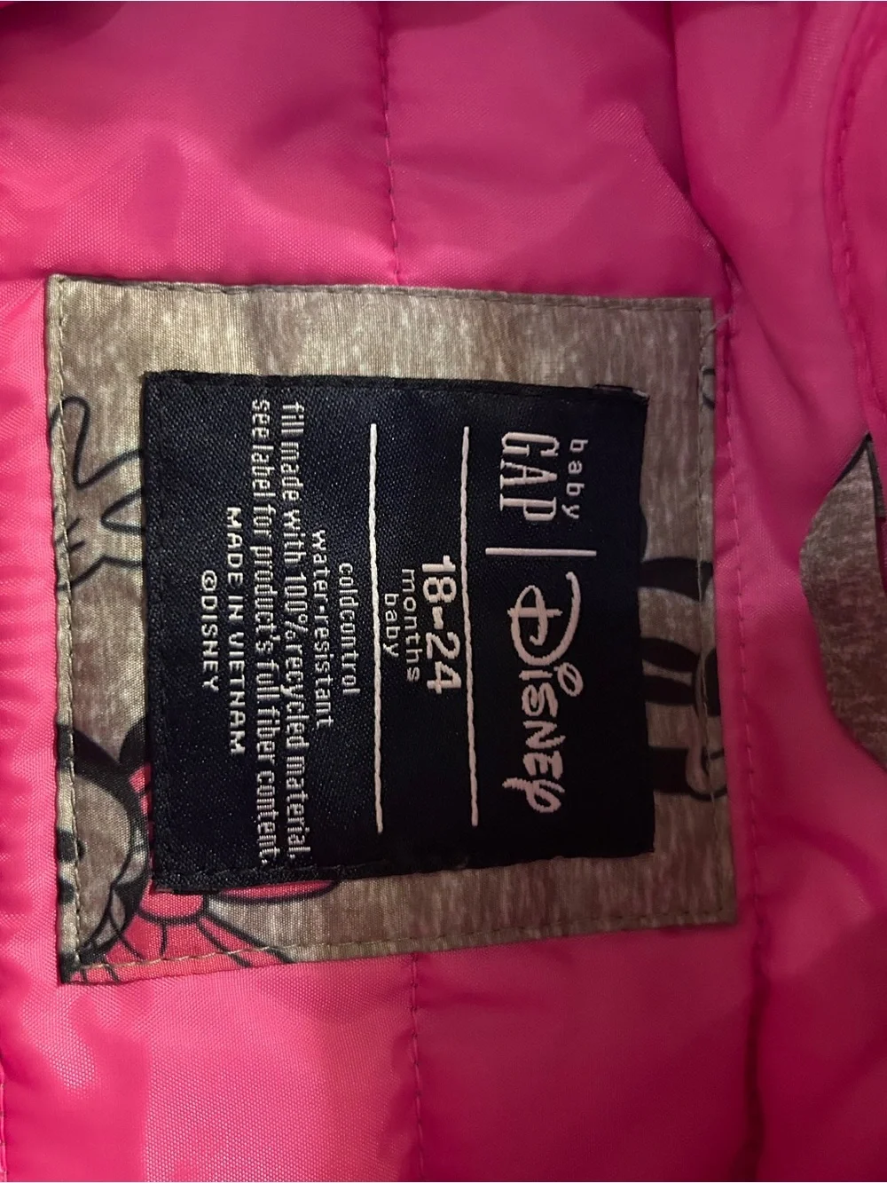 GAP Minnie Mouse Hooded Puffer Jacket - Gray & Bright Pink